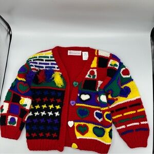 Rachel’s Kids Colorful 1990s Patchwork Heart Knit Cardigan Sweater Kidscore